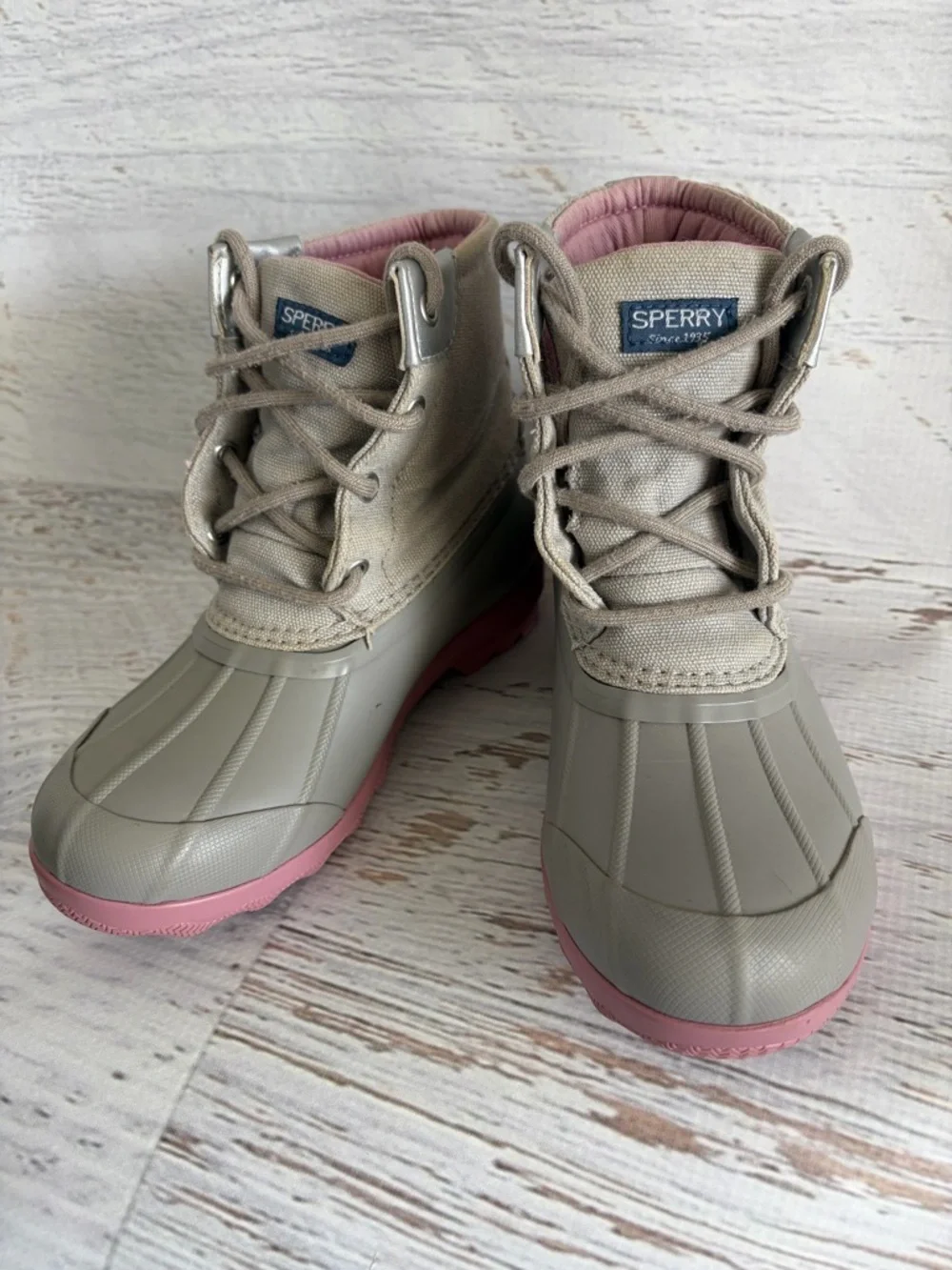 Sperry Port Pink and Grey Duck Boots
